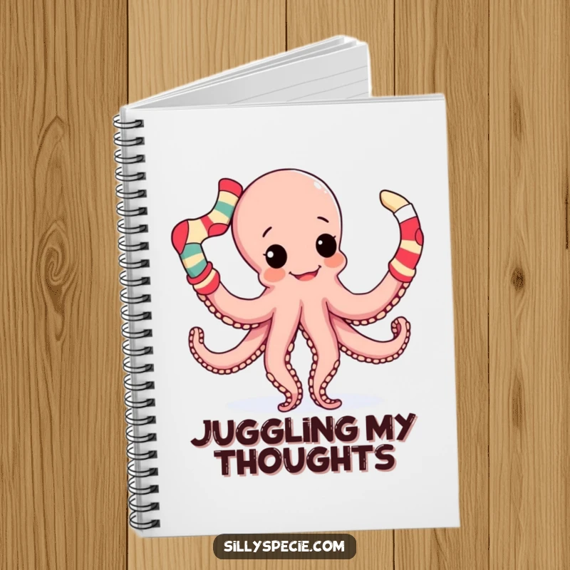 Funny Notebook cover featuring a playful octopus expertly juggling mismatched socks with its tentacles, ideal for creative minds.