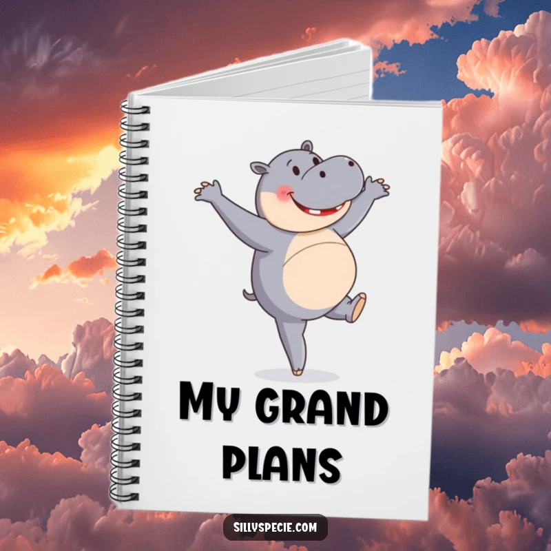 Funny Notebook cover featuring a happy hippopotamus attempting a ballet pirouette, ideal for jotting down inspiring thoughts.