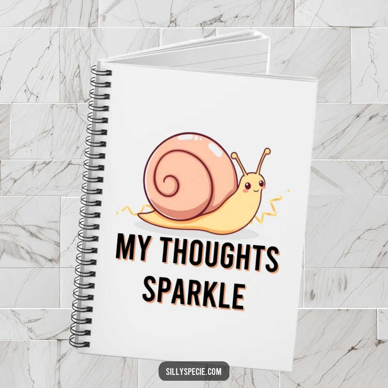 Funny Notebook: An energetic snail creates a sparkling zig-zag path across the cover, inspiring creative writing.