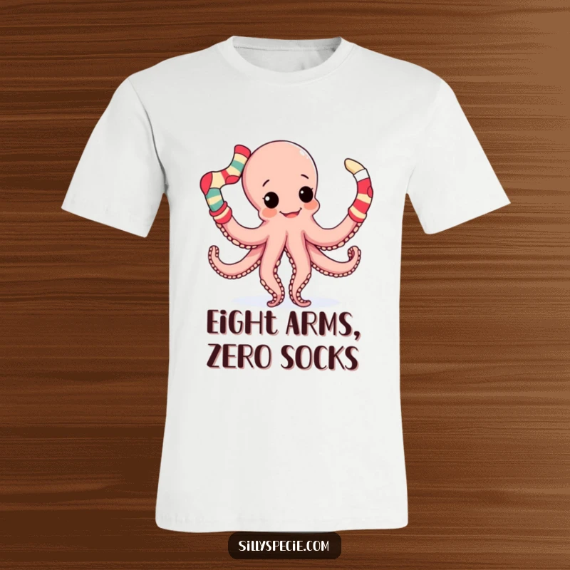 Funny T-Shirt depicting a playful octopus skillfully juggling various mismatched socks with all its tentacles, a comical sight.