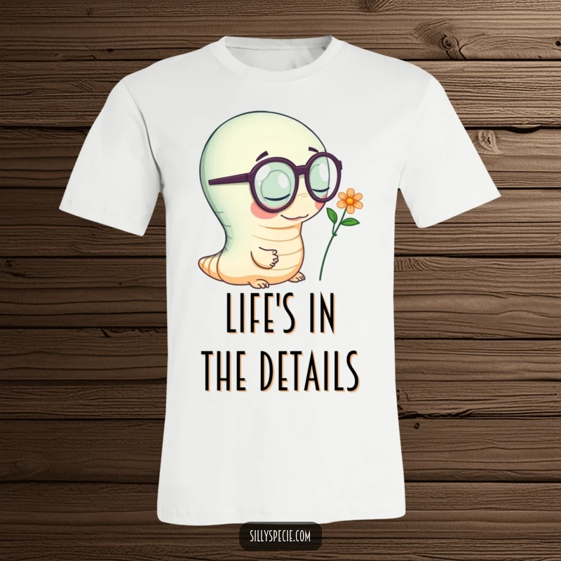 Funny T-Shirt depicting a wiggly worm sporting large spectacles, carefully examining a minuscule flower, a portrait of curiosity.