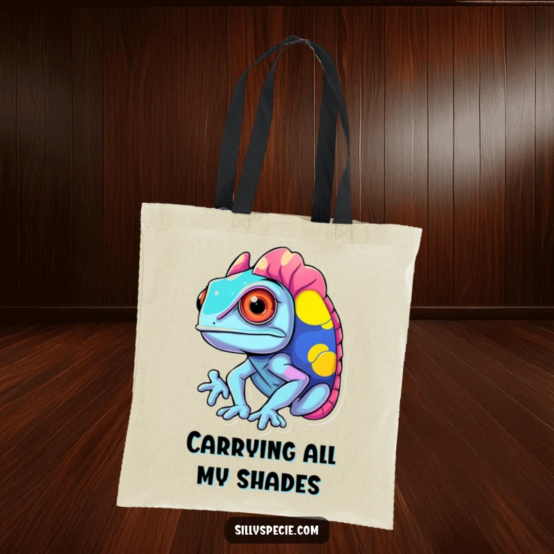 Funny Tote Bag showcasing a confused chameleon changing into clashing, vibrant colors, perfect for carrying essentials.