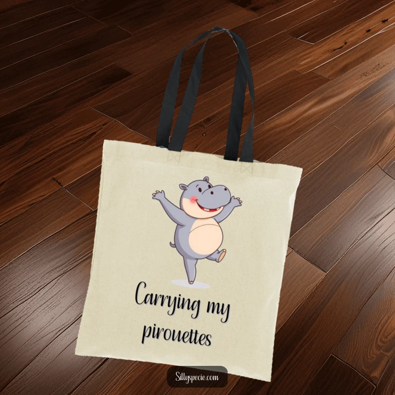 Funny Tote Bag featuring a happy hippopotamus attempting a ballet pirouette, perfect for carrying dance gear or groceries.