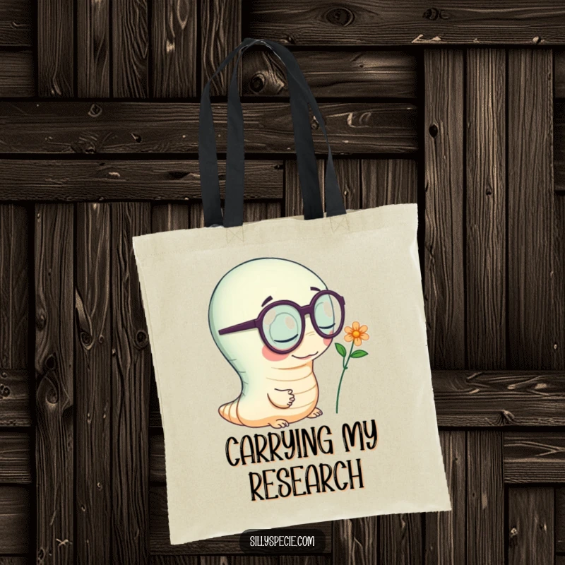 Funny Tote Bag featuring a wiggly worm with large spectacles, inspecting a tiny flower, perfect for nature enthusiasts.